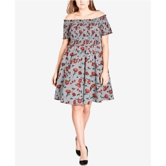 City Chic Poppy Floral Gingham Plaid Smocked Off-the-Shoulder A-Line Dress 24 - Picture 1 of 10